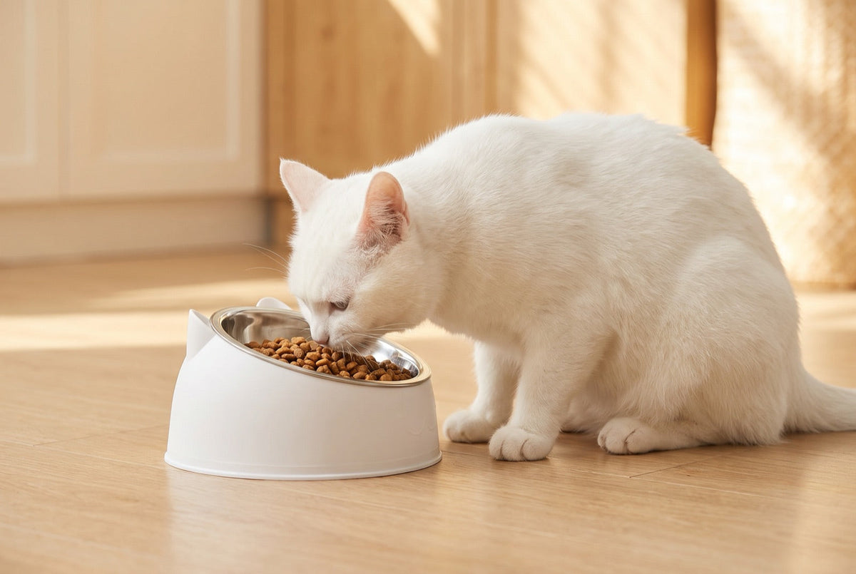 Gato blanco comiendo del comedero inclinado Mielo Bowl
